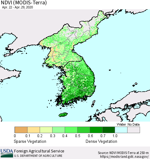 Korea NDVI (Terra-MODIS) Thematic Map For 4/21/2020 - 4/30/2020
