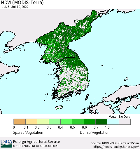 Korea NDVI (Terra-MODIS) Thematic Map For 7/1/2020 - 7/10/2020