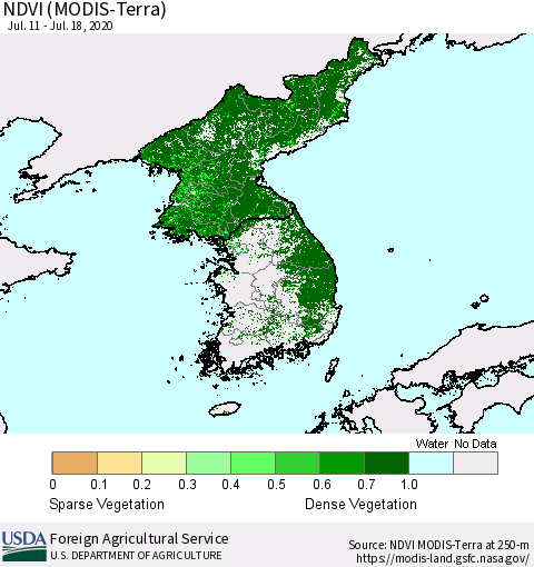 Korea NDVI (Terra-MODIS) Thematic Map For 7/11/2020 - 7/20/2020