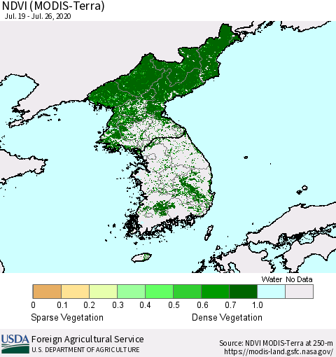Korea NDVI (Terra-MODIS) Thematic Map For 7/21/2020 - 7/31/2020