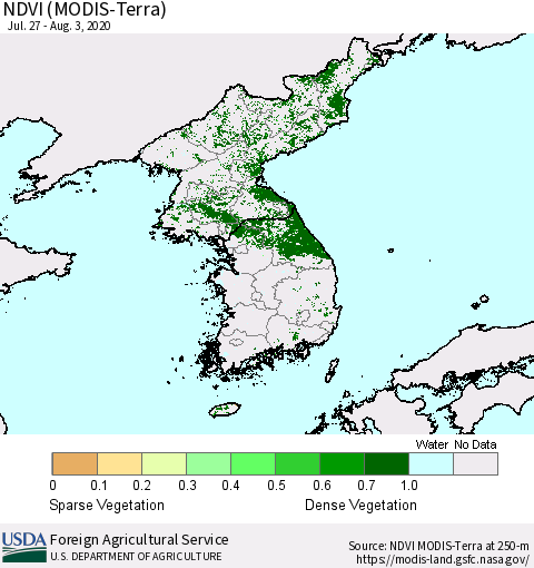 Korea NDVI (Terra-MODIS) Thematic Map For 8/1/2020 - 8/10/2020