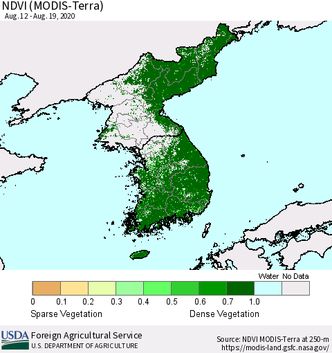 Korea NDVI (Terra-MODIS) Thematic Map For 8/11/2020 - 8/20/2020