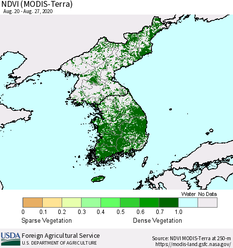 Korea NDVI (Terra-MODIS) Thematic Map For 8/21/2020 - 8/31/2020