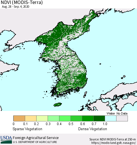 Korea NDVI (Terra-MODIS) Thematic Map For 9/1/2020 - 9/10/2020