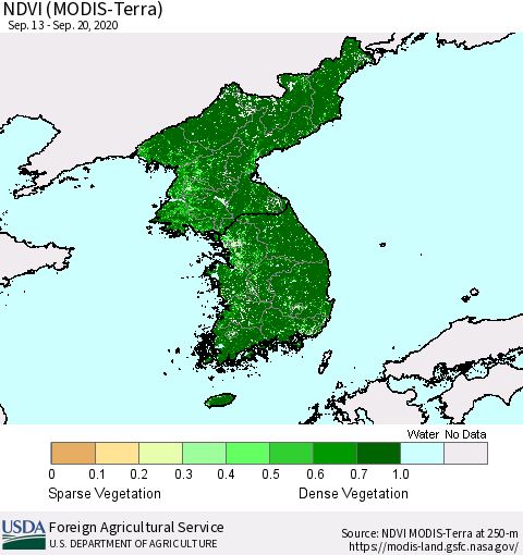Korea NDVI (Terra-MODIS) Thematic Map For 9/11/2020 - 9/20/2020