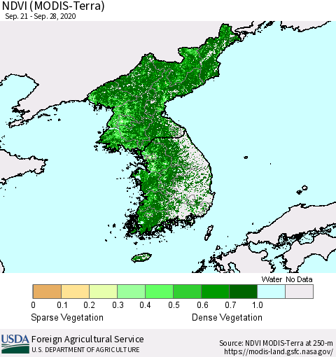 Korea NDVI (Terra-MODIS) Thematic Map For 9/21/2020 - 9/30/2020