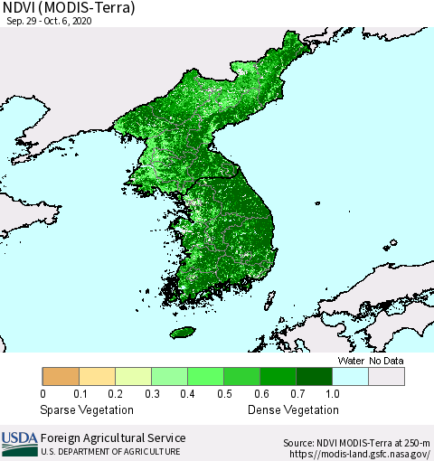 Korea NDVI (Terra-MODIS) Thematic Map For 10/1/2020 - 10/10/2020