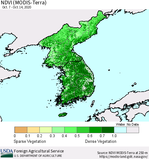 Korea NDVI (Terra-MODIS) Thematic Map For 10/11/2020 - 10/20/2020