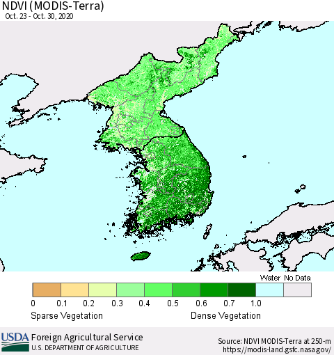 Korea NDVI (Terra-MODIS) Thematic Map For 10/21/2020 - 10/31/2020