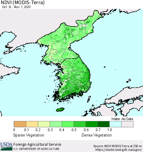Korea NDVI (Terra-MODIS) Thematic Map For 11/1/2020 - 11/10/2020