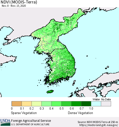 Korea NDVI (Terra-MODIS) Thematic Map For 11/11/2020 - 11/20/2020