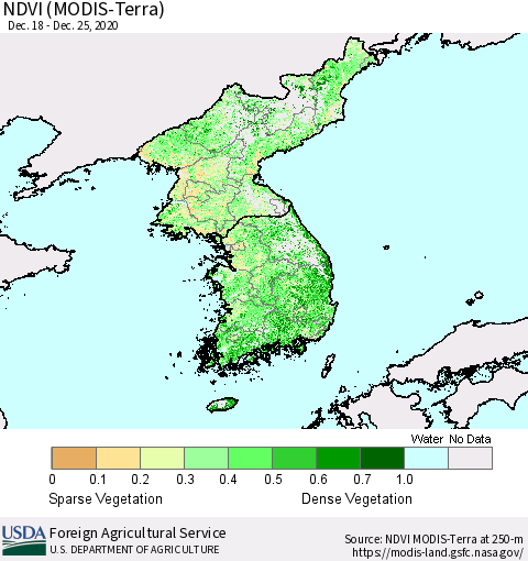 Korea NDVI (Terra-MODIS) Thematic Map For 12/21/2020 - 12/31/2020