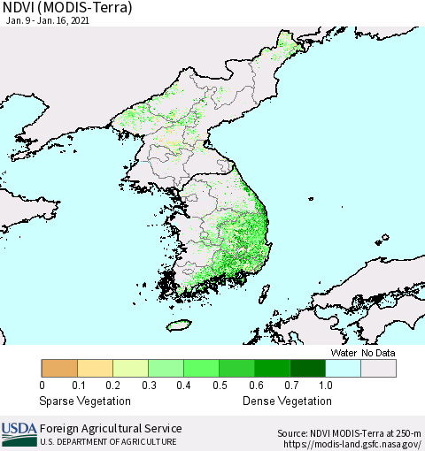 Korea NDVI (Terra-MODIS) Thematic Map For 1/11/2021 - 1/20/2021