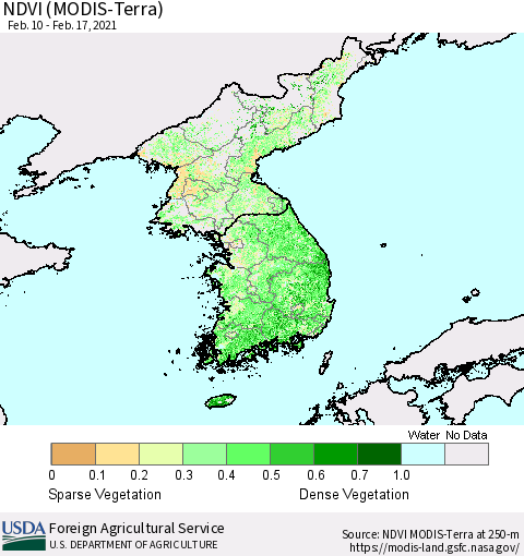 Korea NDVI (Terra-MODIS) Thematic Map For 2/11/2021 - 2/20/2021