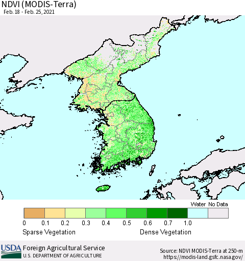 Korea NDVI (Terra-MODIS) Thematic Map For 2/21/2021 - 2/28/2021