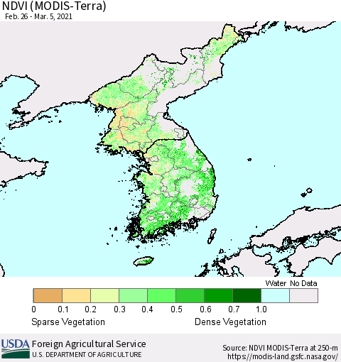 Korea NDVI (Terra-MODIS) Thematic Map For 3/1/2021 - 3/10/2021