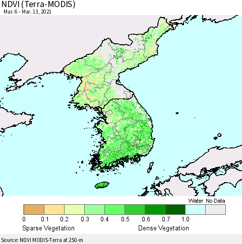 Korea NDVI (Terra-MODIS) Thematic Map For 3/6/2021 - 3/13/2021