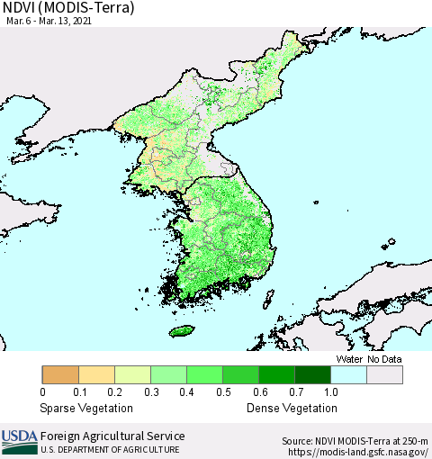 Korea NDVI (Terra-MODIS) Thematic Map For 3/11/2021 - 3/20/2021
