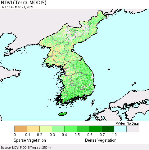 Korea NDVI (Terra-MODIS) Thematic Map For 3/14/2021 - 3/21/2021