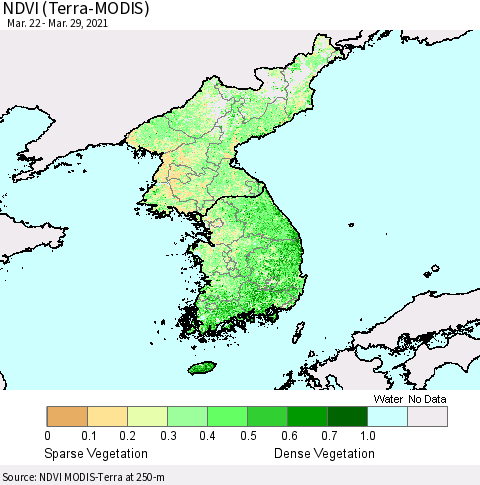 Korea NDVI (Terra-MODIS) Thematic Map For 3/22/2021 - 3/29/2021
