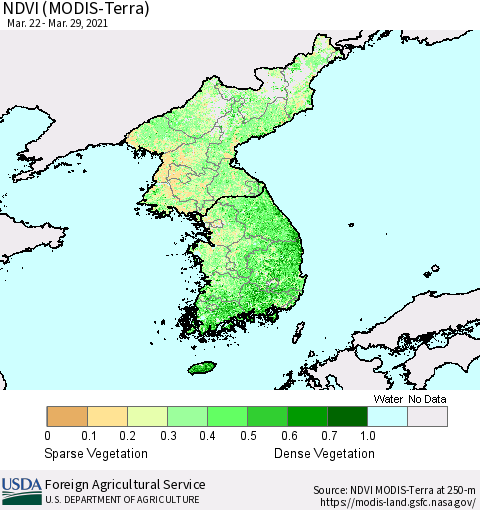 Korea NDVI (Terra-MODIS) Thematic Map For 3/21/2021 - 3/31/2021