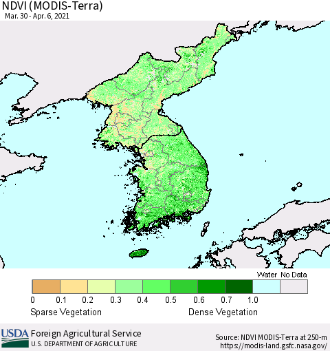 Korea NDVI (Terra-MODIS) Thematic Map For 4/1/2021 - 4/10/2021
