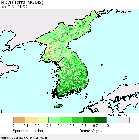 Korea NDVI (Terra-MODIS) Thematic Map For 4/7/2021 - 4/14/2021