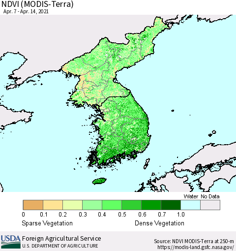 Korea NDVI (Terra-MODIS) Thematic Map For 4/11/2021 - 4/20/2021