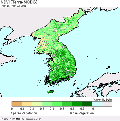 Korea NDVI (Terra-MODIS) Thematic Map For 4/15/2021 - 4/22/2021