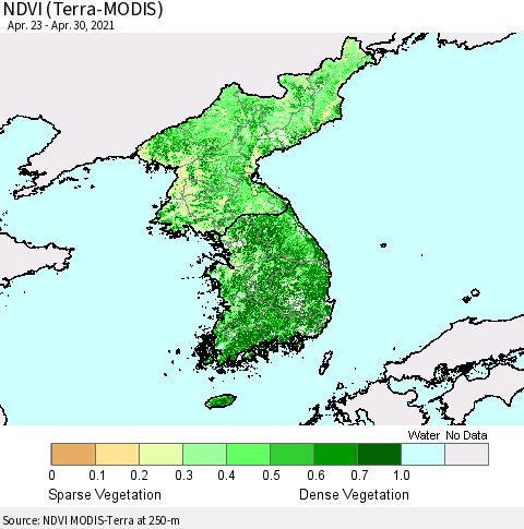 Korea NDVI (Terra-MODIS) Thematic Map For 4/23/2021 - 4/30/2021