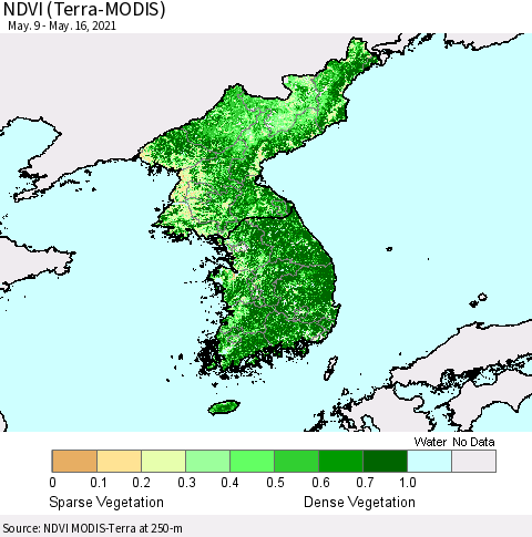 Korea NDVI (Terra-MODIS) Thematic Map For 5/9/2021 - 5/16/2021