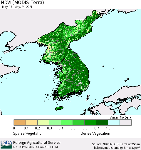 Korea NDVI (Terra-MODIS) Thematic Map For 5/21/2021 - 5/31/2021
