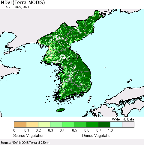 Korea NDVI (Terra-MODIS) Thematic Map For 6/2/2021 - 6/9/2021