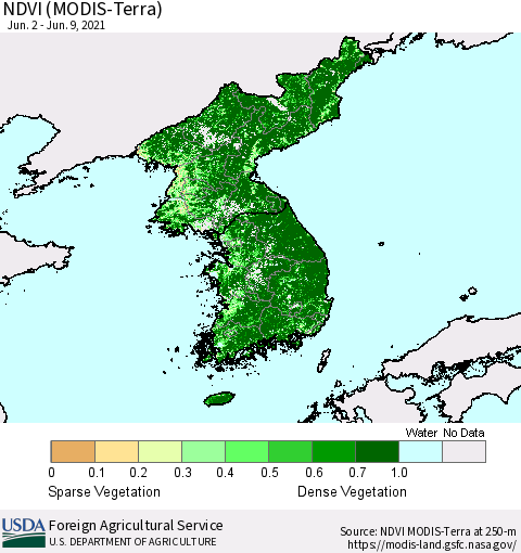 Korea NDVI (Terra-MODIS) Thematic Map For 6/1/2021 - 6/10/2021