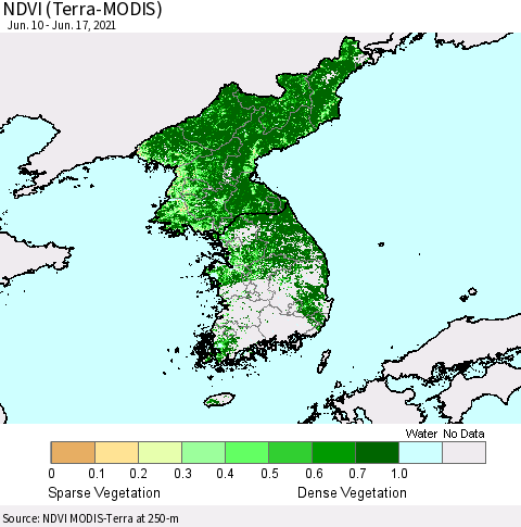 Korea NDVI (Terra-MODIS) Thematic Map For 6/10/2021 - 6/17/2021