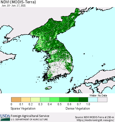 Korea NDVI (Terra-MODIS) Thematic Map For 6/11/2021 - 6/20/2021