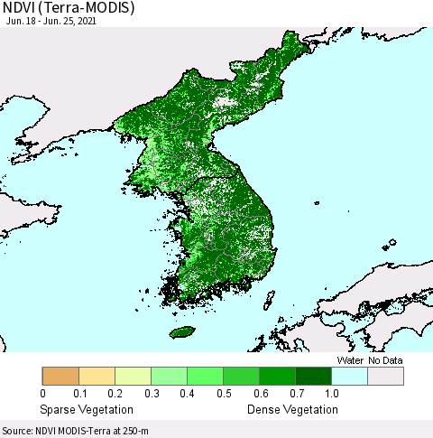 Korea NDVI (Terra-MODIS) Thematic Map For 6/18/2021 - 6/25/2021