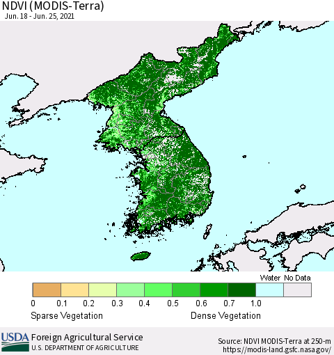 Korea NDVI (Terra-MODIS) Thematic Map For 6/21/2021 - 6/30/2021