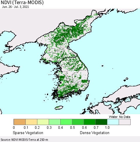 Korea NDVI (Terra-MODIS) Thematic Map For 6/26/2021 - 7/3/2021