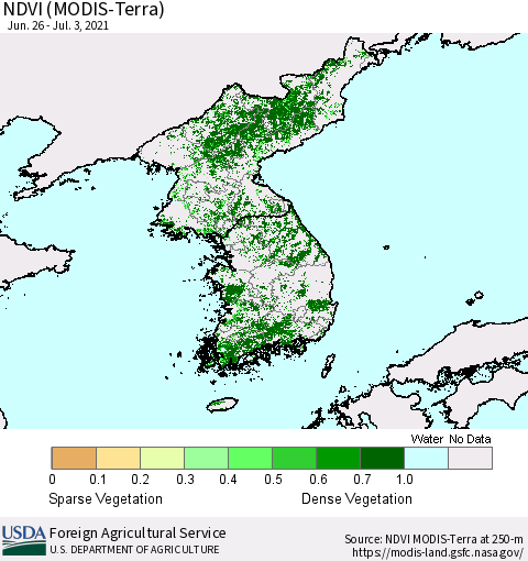Korea NDVI (Terra-MODIS) Thematic Map For 7/1/2021 - 7/10/2021