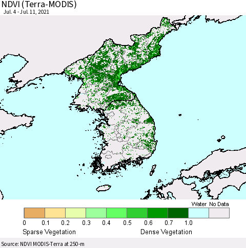 Korea NDVI (Terra-MODIS) Thematic Map For 7/4/2021 - 7/11/2021