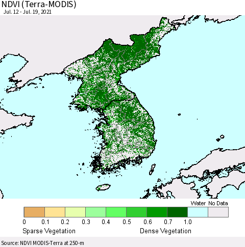 Korea NDVI (Terra-MODIS) Thematic Map For 7/12/2021 - 7/19/2021