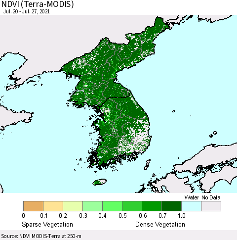 Korea NDVI (Terra-MODIS) Thematic Map For 7/20/2021 - 7/27/2021