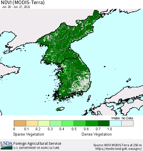 Korea NDVI (Terra-MODIS) Thematic Map For 7/21/2021 - 7/31/2021