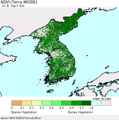 Korea NDVI (Terra-MODIS) Thematic Map For 7/28/2021 - 8/4/2021