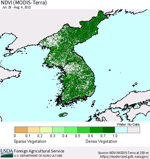 Korea NDVI (Terra-MODIS) Thematic Map For 8/1/2021 - 8/10/2021