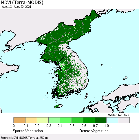 Korea NDVI (Terra-MODIS) Thematic Map For 8/11/2021 - 8/20/2021