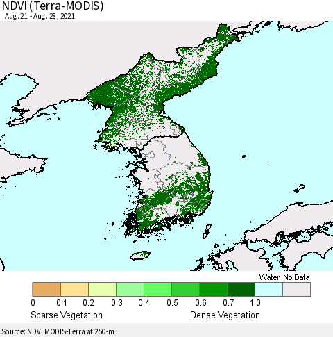 Korea NDVI (Terra-MODIS) Thematic Map For 8/21/2021 - 8/28/2021