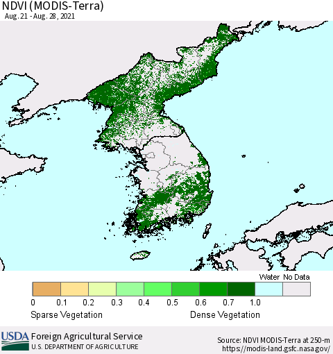 Korea NDVI (Terra-MODIS) Thematic Map For 8/21/2021 - 8/31/2021