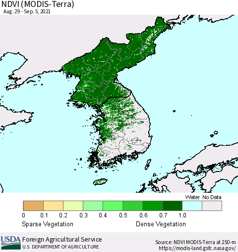 Korea NDVI (Terra-MODIS) Thematic Map For 9/1/2021 - 9/10/2021